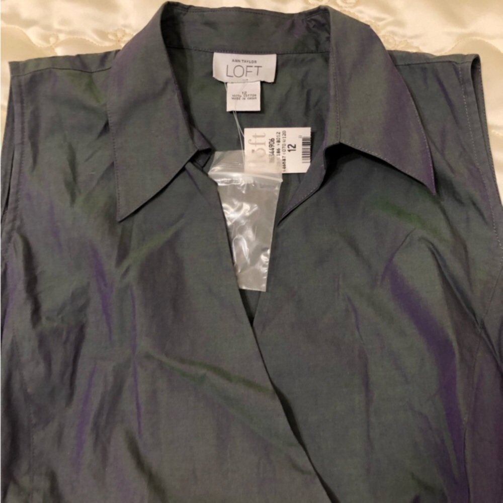 LOFT Ann Taylor Cotton Iridescent Sleeveless Wrap Around Blouse Collared Shirt - Picture 3 of 15